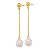 14k Polished 6.5-7mm White Round Akoya Saltwater Cultured Pearl Chain Dangle Post Earrings