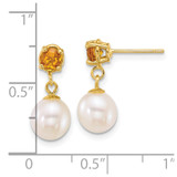 14k Polished 7-8mm Round White Freshwater Cultured Pearl and Citrine Dangle Post Earrings