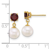 14k Polished 7-8mm Round White Freshwater Cultured Pearl and Garnet Dangle Post Earrings - XF-9724FD1A-9443
