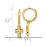 14k Polished and Diamond-cut Dangling CZ Cross Round Hinged Hoop Earrings