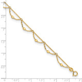 14K Polished and Diamond-cut Fancy Beaded 10 inch Anklet Plus 1.5 inch Heart Dangle Extender