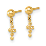 14K Polished Beaded Cross Dangle Post Earrings