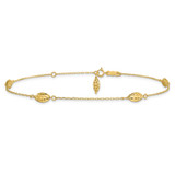 14k Polished Cable Chain and Diamond-cut Rice Puff Beads 4-Station 9 inch Anklet Plus 1 inch Extender