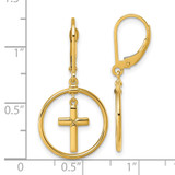 14k Polished Cross in Circle Leverback Dangle Earrings