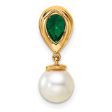 14K Polished Diamond Pearl and Emerald Teardrop Chain Slide