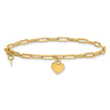 14k Polished Flat Dangle 9mm Heart Paperclip Link 7.25 inch Bracelet