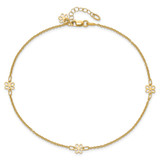 14K Polished Flowers 3-Station with Flower Dangle 10 inch Anklet Plus 1 inch Extender