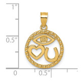 14k Polished Heart Evil Eye And Horse Shoe In Circle Pendant