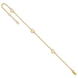 14K Polished Heart-in-Heart Links 3-Station 9 inch Anklet Plus 1 inch Extender