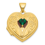 14k Polished Lab Created Emerald May Birthstone 18mm Heart Locket
