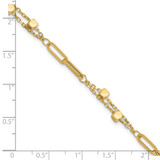 14K Polished Square Beads and Paperclip Link 7 inch Bracelet Plus 0.5 inch Extender