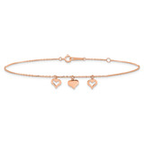 14k Rose Gold 3 Heart Dangles 9 inch Anklet Plus 1 inch Extender