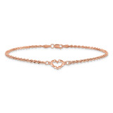 14k Rose Gold Diamond-cut Open Heart and Rope Chain 10 inch Anklet