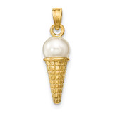 14K Satin Polished 3D  White Bead Ice Cream Cone Pendant