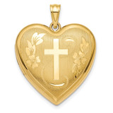 14k Textured and Diamond-cut Floral Cross Ash Holder 24mm Heart Locket