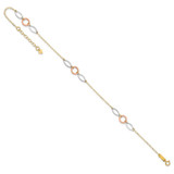 14k Tri-color Circle and Oval 3-Station 9 inch Anklet Plus 1 inch Heart Dangle Extender