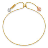 14K Tri-color Diamond-cut Heart Dangles Half Bangle Adjustable Bracelet