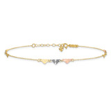 14K Tri-Color Diamond-cut Hearts 9 inch Anklet Plus 1 inch Heart Dangle Extender