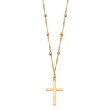 14K Tri-color Mirror Beaded Chain with Polished Cross Pendant 18 inch Necklace