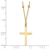14K Tri-color Mirror Beaded Chain with Polished Cross Pendant 18 inch Necklace