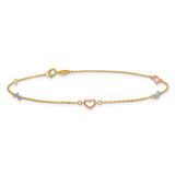14k Tri-color Polished Hearts and Circles 9 inch Anklet Plus 1 inch Extender