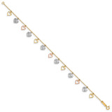 14K Tri-Color Textured Heart Dangle 7.25 inch Bracelet