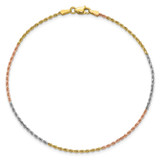 14K Tri-colored 10 inch 1.5mm Diamond-cut Rope with Lobster Clasp Anklet