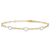 14K Two-tone 5 Hearts and Paperclip Links 9 inch Anklet Plus 1 inch Extender