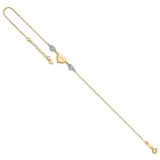 14K Two-tone Diamond-cut and LOVE Puffed Heart 10 inch Anklet Plus 1 inch Heart Dangle Extender