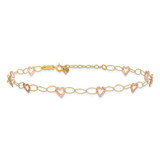 14k Two-tone Hammered Open Hearts Oval Link 9 inch Anklet Plus 1 inch Heart Dangle Extender