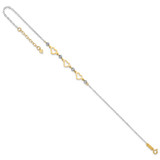 14K Two-tone Oval Link Diamond-cut Beads and 3-Hearts 10 inch Anklet Plus 1 inch Heart Dangle Extender