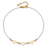 14K Two-tone Oval Link Diamond-cut Beads and 3-Hearts 9 inch Anklet Plus 1 inch Heart Dangle Extender