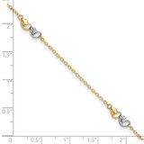 14k Two-tone Polished and Diamond-cut Double Hearts 3-Station 9 inch Anklet Plus 1 inch Extender