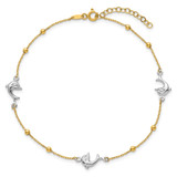 14K Two-tone Polished Beads and Three Dolphins 9 inch Anklet Plus 1 inch Extender