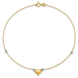 14k Two-tone Polished Puffed Heart with Beads 10 inch Anklet