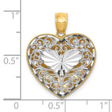 14K Two-tone Polished Reversible Diamond-cut Filigree Heart Pendant