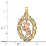 14k Two-Tone Textured Oval Frame Dangling Rose Charm
