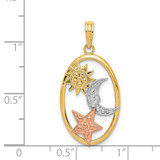 14k Two-tone w/White Rhodium Sun, Moon and Star Oval Pendant
