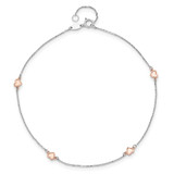 14K Two-tone White and Rose Satin Hearts 4-Station 9 inch Anklet Plus 1 inch Extender