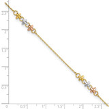 14K Two-tone with White Rhodium 3-Station Flowers 9 inch Anklet Plus 1 inch Extender