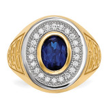 14k w/ Rhodium CZ & Oval Blue CZ Mens Ring