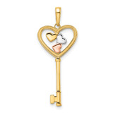 14k w/White and Rose Rhodium Diamond-cut Hearts Key Pendant