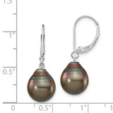 14k White Gold 10-11mm Black Teardrop Tahitian Saltwater Cultured Pearl Leverback Dangle Earrings