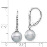 14k White Gold 8-9mm Grey Round Freshwater Cultured Pearl and .05 Carat Diamond Dangle Leverback Earrings