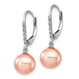 14k White Gold 8-9mm Pink Round Freshwater Cultured Pearl and .05 Carat Diamond Dangle Leverback Earrings