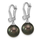 14k White Gold 9-10mm Black Round Tahitian Saltwater Cultured Pearl and .10 Carat Diamond Leverback Dangle Earrings