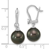 14k White Gold 9-10mm Black Round Tahitian Saltwater Cultured Pearl and .10 Carat Diamond Leverback Dangle Earrings