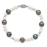 14k White Gold Black and White Semi-Round Freshwater Cultured and Mirror Bead 7.5 inch Bracelet