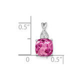 14K White Gold Checkerboard Created Pink Sapphire and Diamond Pendant