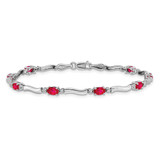 14k White Gold Complete Diamond and Oval Ruby Wavy Link 7 inch Bracelet